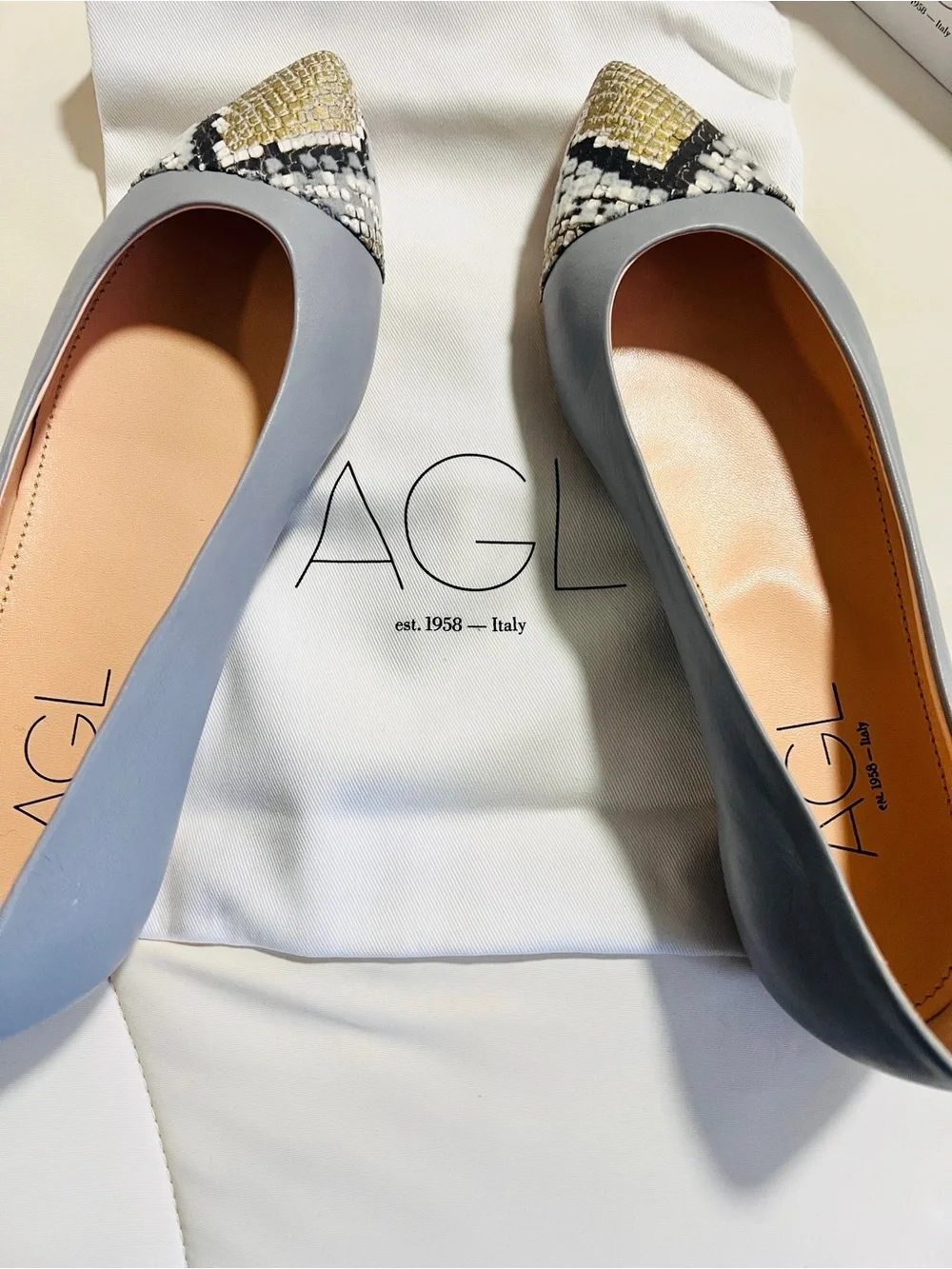 NIB AGL Mila Ballet Pointed Toe Flats with Snakeskin Accent - Size 36.5/6.5US